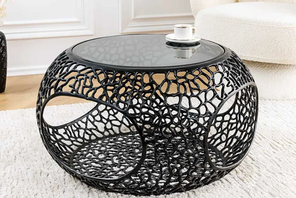 Riess-Ambiente Couchtische & Truhen > Runder Couchtisch SPIN 75cm schwarz Schwarzglas Metall mit Stauraum handmade