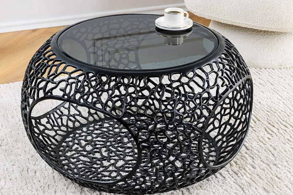 Riess-Ambiente Couchtische & Truhen > Runder Couchtisch SPIN 75cm schwarz Schwarzglas Metall mit Stauraum handmade
