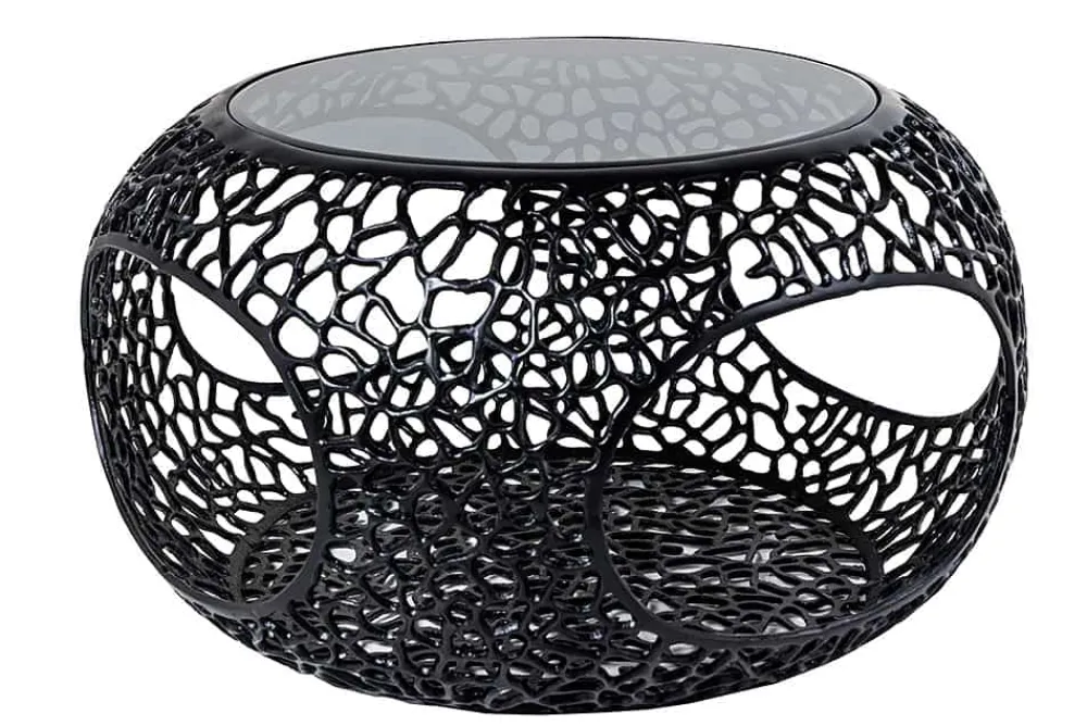 Riess-Ambiente Couchtische & Truhen > Runder Couchtisch SPIN 75cm schwarz Schwarzglas Metall mit Stauraum handmade