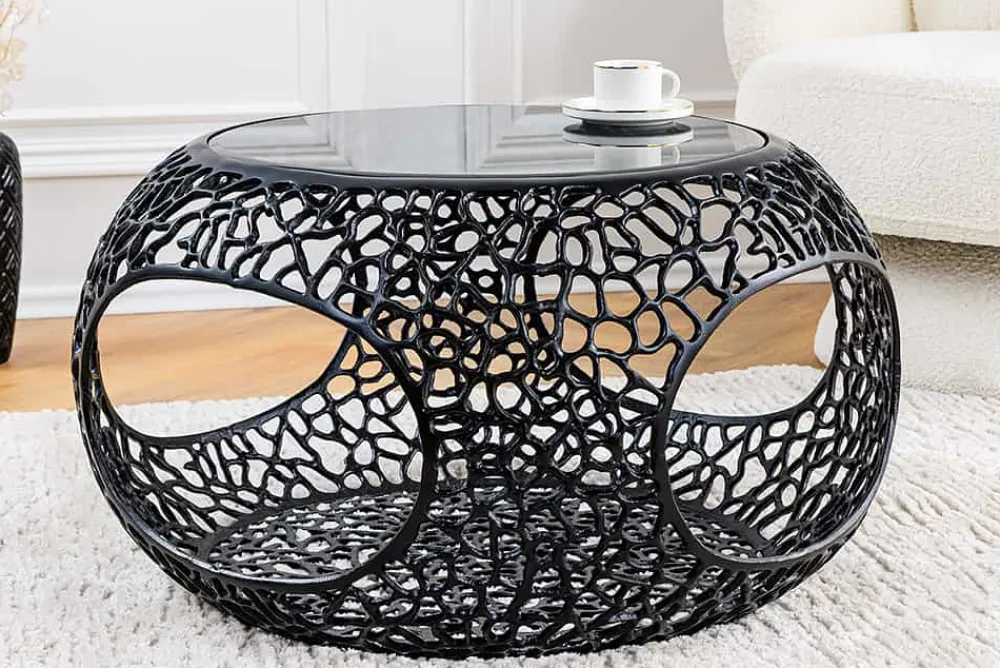 Riess-Ambiente Couchtische & Truhen > Runder Couchtisch SPIN 75cm schwarz Schwarzglas Metall mit Stauraum handmade