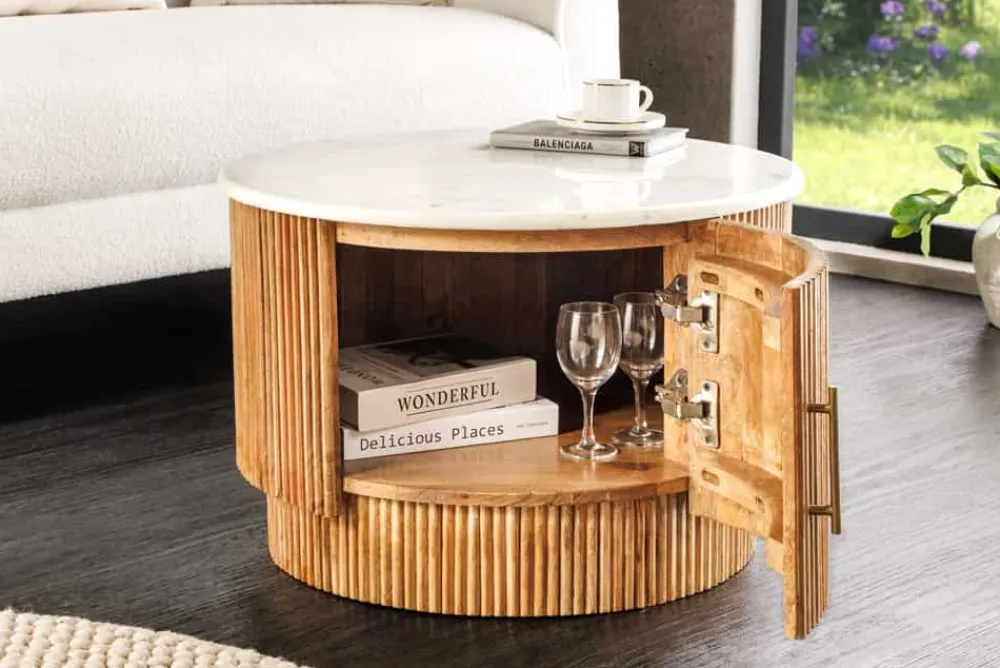 Riess-Ambiente Mehr...|Couchtische > Runder Couchtisch TRES CHIC 60cm weiß Marmor natur Mangoholz mit Stauraum