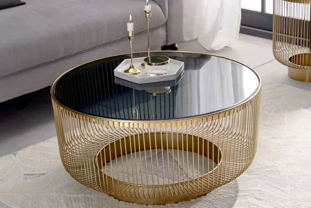 Riess-Ambiente Goldene Möbel|Couchtische & Truhen > Runder Couchtisch VARIATION 80cm gold Metallgestell Schwarzglas Handarbeit