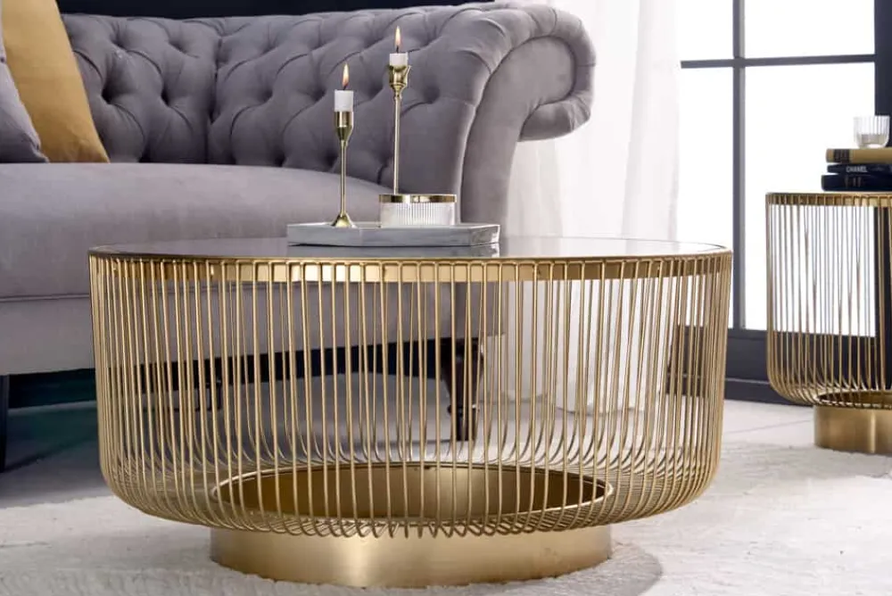 Riess-Ambiente Goldene Möbel|Couchtische & Truhen > Runder Couchtisch VARIATION 80cm gold Metallgestell Schwarzglas Handarbeit