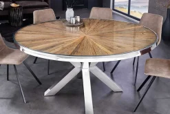 Riess-Ambiente Mehr...|Massivholzesstische > Runder Esstisch BARRACUDA 140cm braun Teak Massivholz Glas silber Edelstahl verchromt