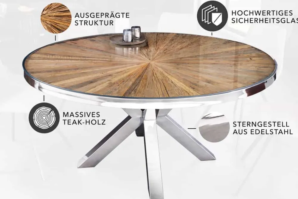 Riess-Ambiente Mehr...|Massivholzesstische > Runder Esstisch BARRACUDA 140cm braun Teak Massivholz Glas silber Edelstahl verchromt