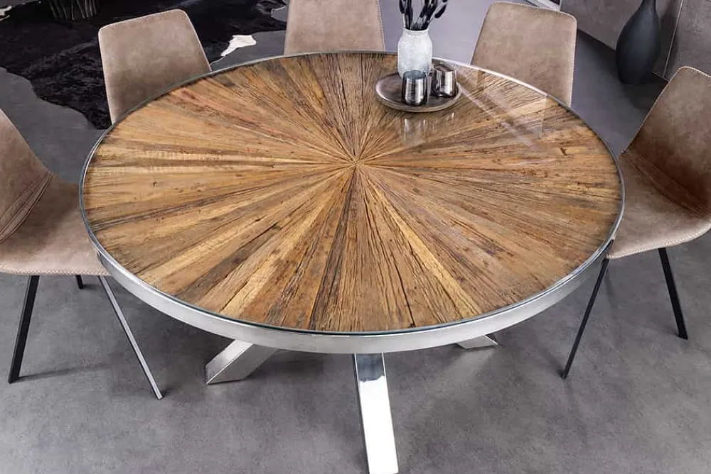 Riess-Ambiente Mehr...|Massivholzesstische > Runder Esstisch BARRACUDA 140cm braun Teak Massivholz Glas silber Edelstahl verchromt