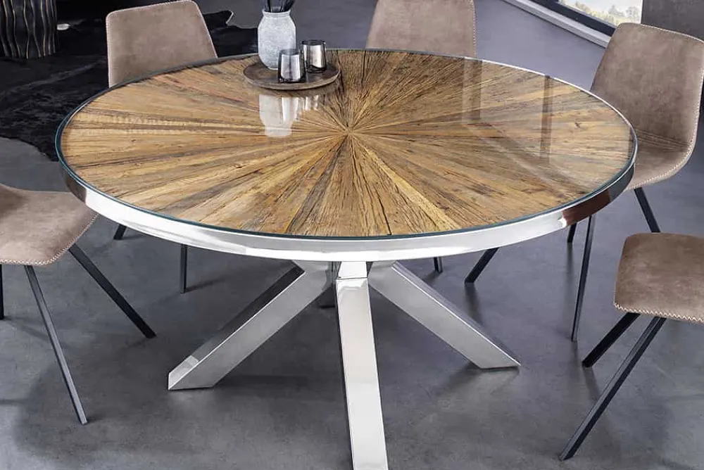 Riess-Ambiente Mehr...|Massivholzesstische > Runder Esstisch BARRACUDA 120cm braun Teak Massivholz Glasplatte silber Edelstahl verchromt