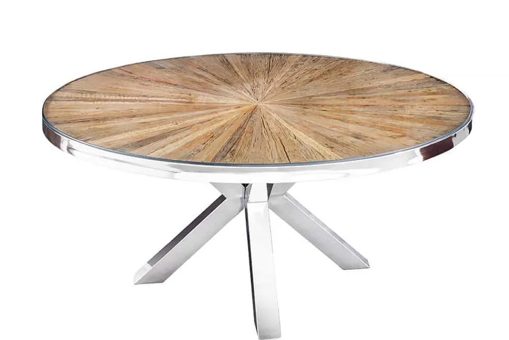 Riess-Ambiente Mehr...|Massivholzesstische > Runder Esstisch BARRACUDA 120cm braun Teak Massivholz Glasplatte silber Edelstahl verchromt