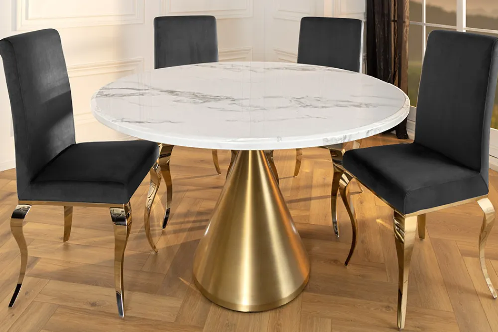 Riess-Ambiente Goldene Möbel|Esstische > Runder Esstisch ELEGANCIA 130cm weiß Marmor gold Metall mit Säulenfuß