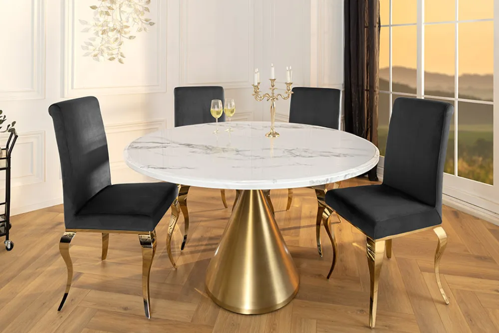 Riess-Ambiente Goldene Möbel|Esstische > Runder Esstisch ELEGANCIA 130cm weiß Marmor gold Metall mit Säulenfuß