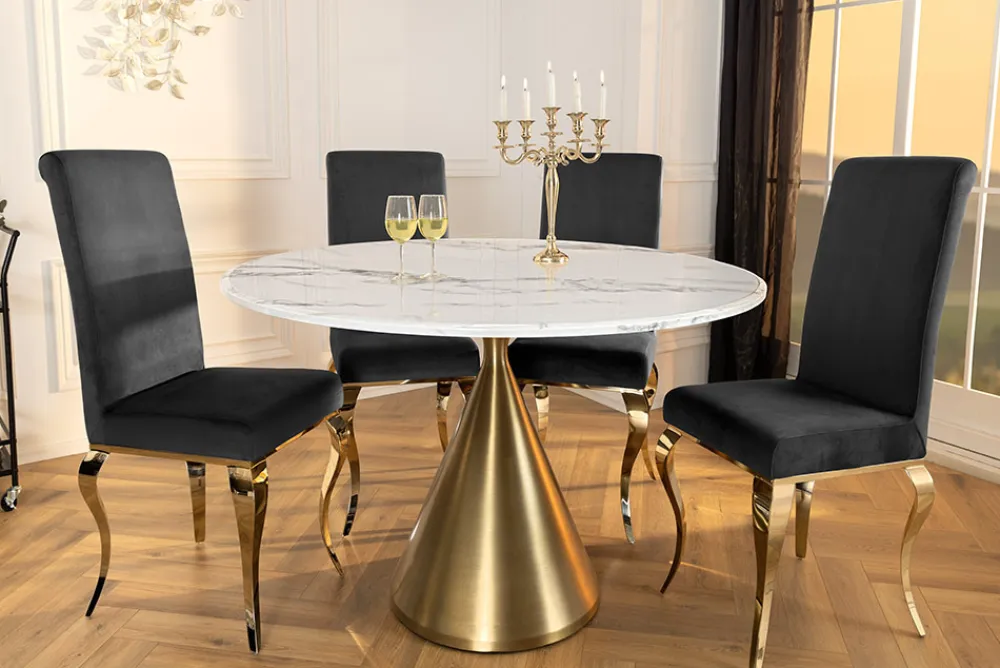 Riess-Ambiente Goldene Möbel|Esstische > Runder Esstisch ELEGANCIA 130cm weiß Marmor gold Metall mit Säulenfuß