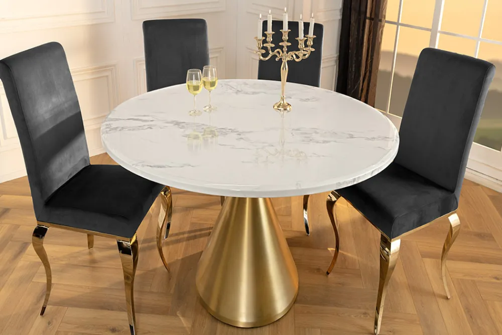 Riess-Ambiente Goldene Möbel|Esstische > Runder Esstisch ELEGANCIA 130cm weiß Marmor gold Metall mit Säulenfuß