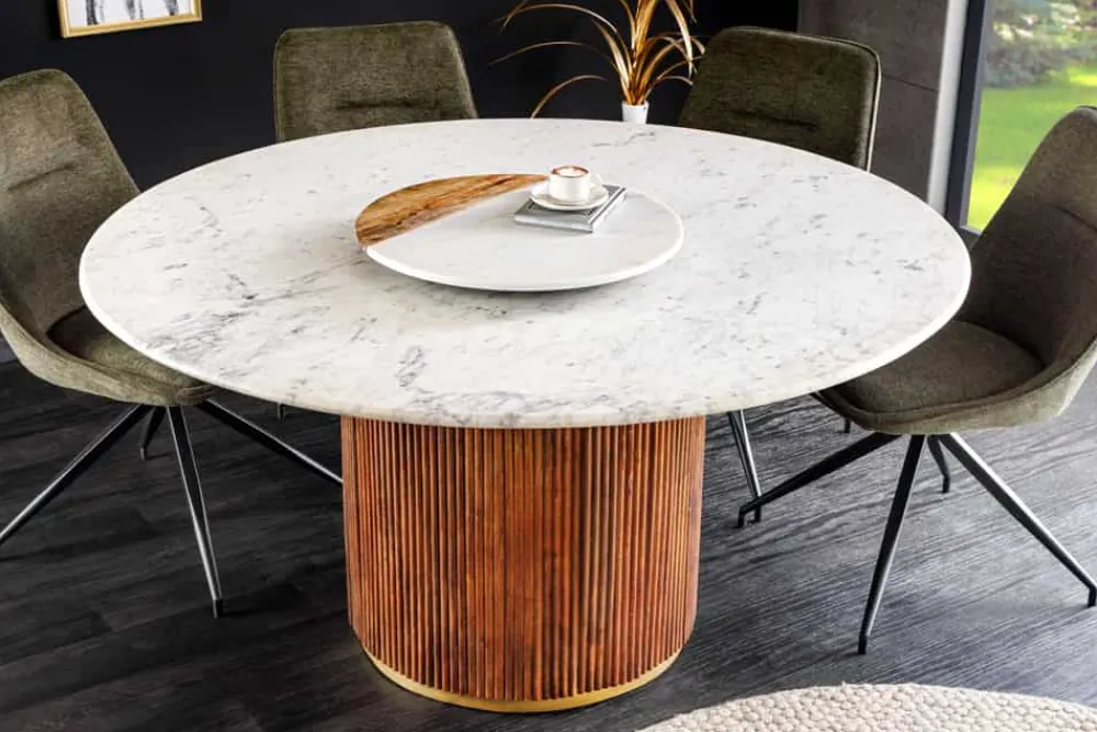 Riess-Ambiente Mehr...|Massivholzesstische > Runder Esstisch GATSBY 140cm braun gold Mangoholz weiße Marmorplatte Säulenfuß