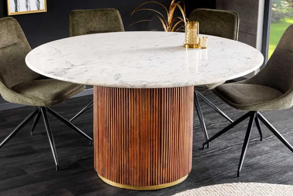 Riess-Ambiente Mehr...|Massivholzesstische > Runder Esstisch GATSBY 140cm braun gold Mangoholz weiße Marmorplatte Säulenfuß