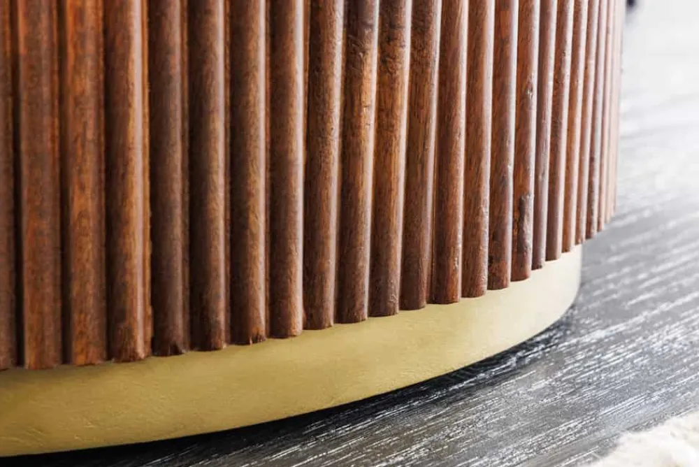 Riess-Ambiente Mehr...|Massivholzesstische > Runder Esstisch GATSBY 140cm braun gold Mangoholz weiße Marmorplatte Säulenfuß