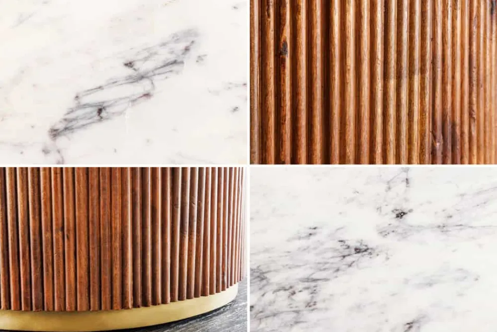 Riess-Ambiente Mehr...|Massivholzesstische > Runder Esstisch GATSBY 140cm braun gold Mangoholz weiße Marmorplatte Säulenfuß