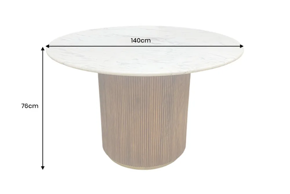 Riess-Ambiente Mehr...|Massivholzesstische > Runder Esstisch GATSBY 140cm braun gold Mangoholz weiße Marmorplatte Säulenfuß