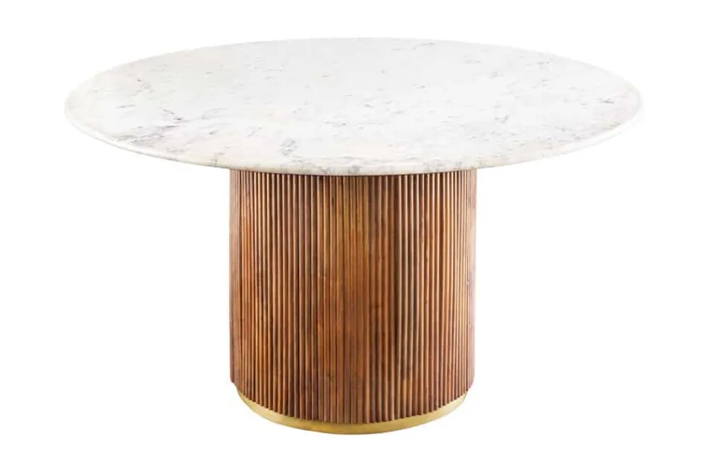 Riess-Ambiente Mehr...|Massivholzesstische > Runder Esstisch GATSBY 140cm braun gold Mangoholz weiße Marmorplatte Säulenfuß