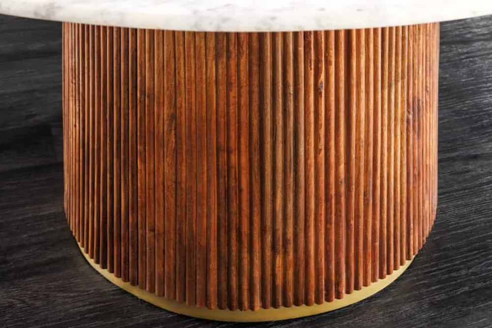 Riess-Ambiente Mehr...|Massivholzesstische > Runder Esstisch GATSBY 140cm braun gold Mangoholz weiße Marmorplatte Säulenfuß
