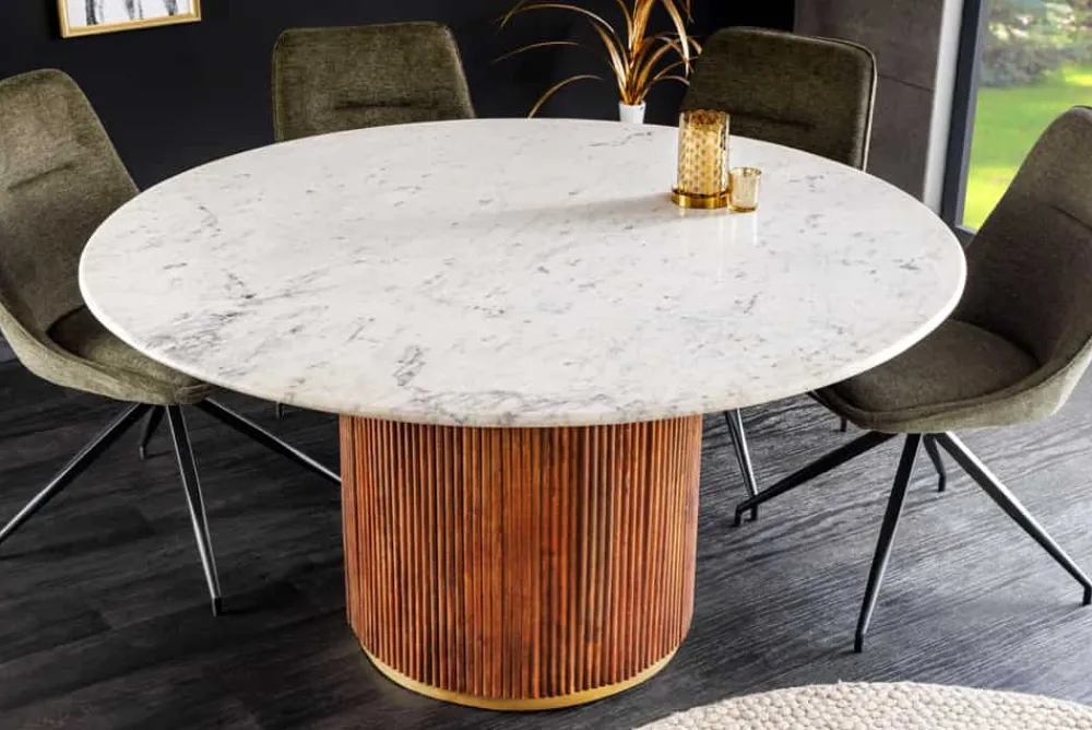 Riess-Ambiente Mehr...|Massivholzesstische > Runder Esstisch GATSBY 140cm braun gold Mangoholz weiße Marmorplatte Säulenfuß
