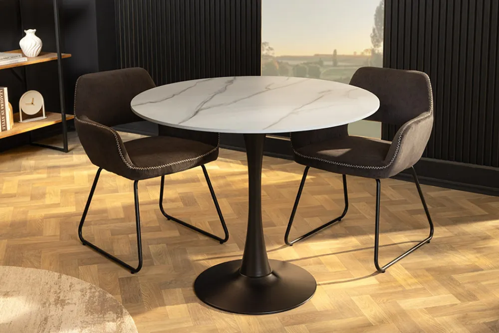 Riess-Ambiente Esstische > Runder Esstisch LYON 80cm weiß Marmor Keramik Bistrotisch schwarzer Säulenfuß