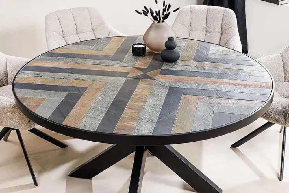 Riess-Ambiente Industrial Loft|Esstische > Runder Esstisch MOUNTAIN SOUL 120cm schwarz grau Naturstein Eisen Sterngestell