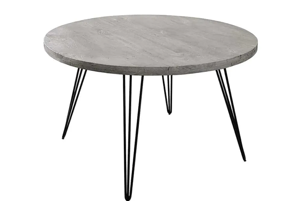 Riess-Ambiente Esstische|Industrial Loft > Runder Esstisch SCORPION 80cm grau Mangoholz massiv schwarze Metallbeine Hairpin Legs
