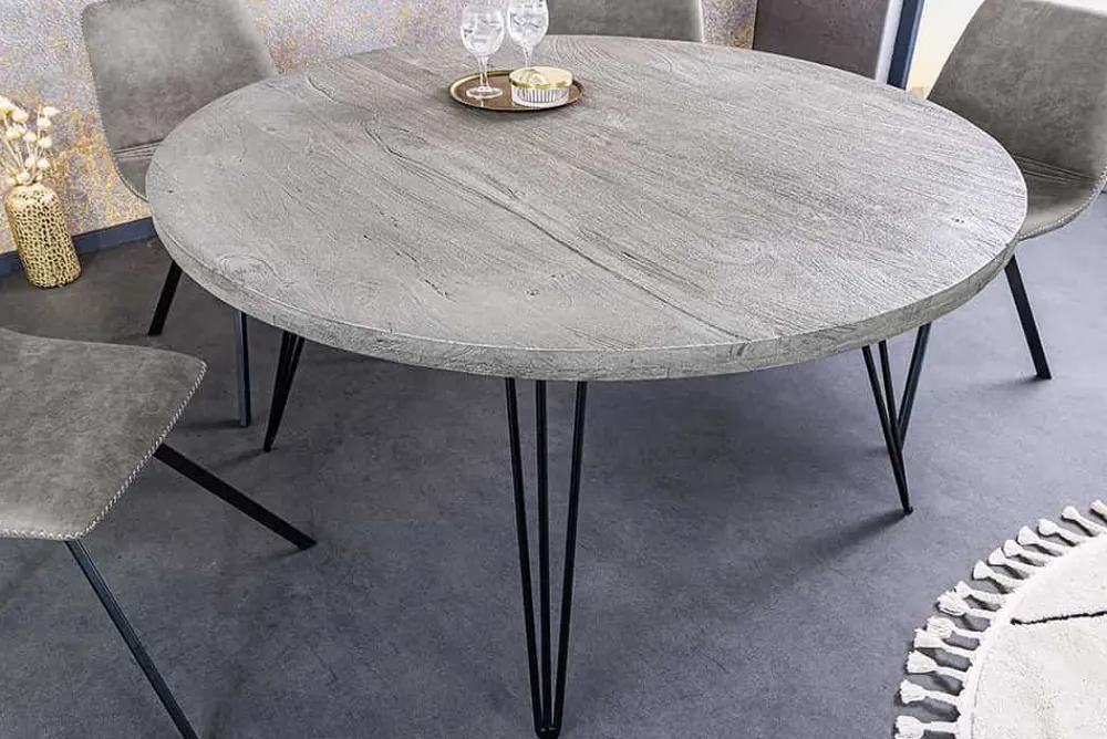 Riess-Ambiente Esstische|Industrial Loft > Runder Esstisch SCORPION 80cm grau Mangoholz massiv schwarze Metallbeine Hairpin Legs
