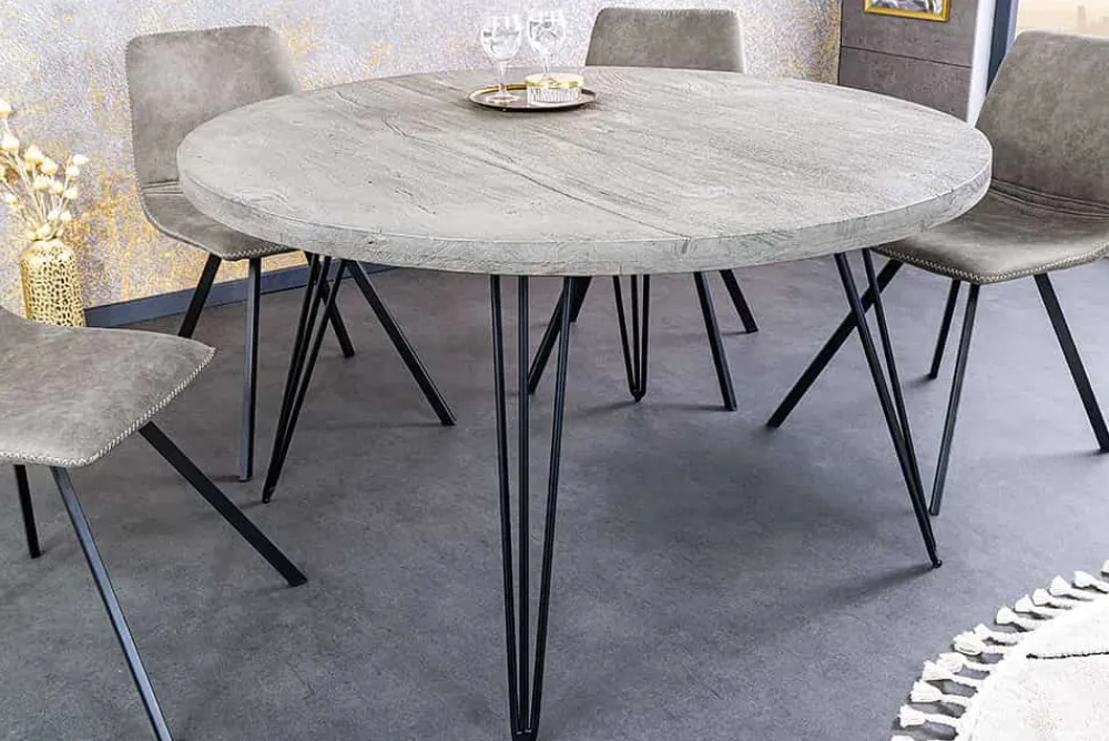 Riess-Ambiente Esstische|Industrial Loft > Runder Esstisch SCORPION 80cm grau Mangoholz massiv schwarze Metallbeine Hairpin Legs
