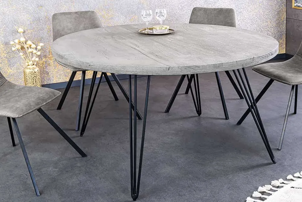 Riess-Ambiente Esstische|Industrial Loft > Runder Esstisch SCORPION 80cm grau Mangoholz massiv schwarze Metallbeine Hairpin Legs