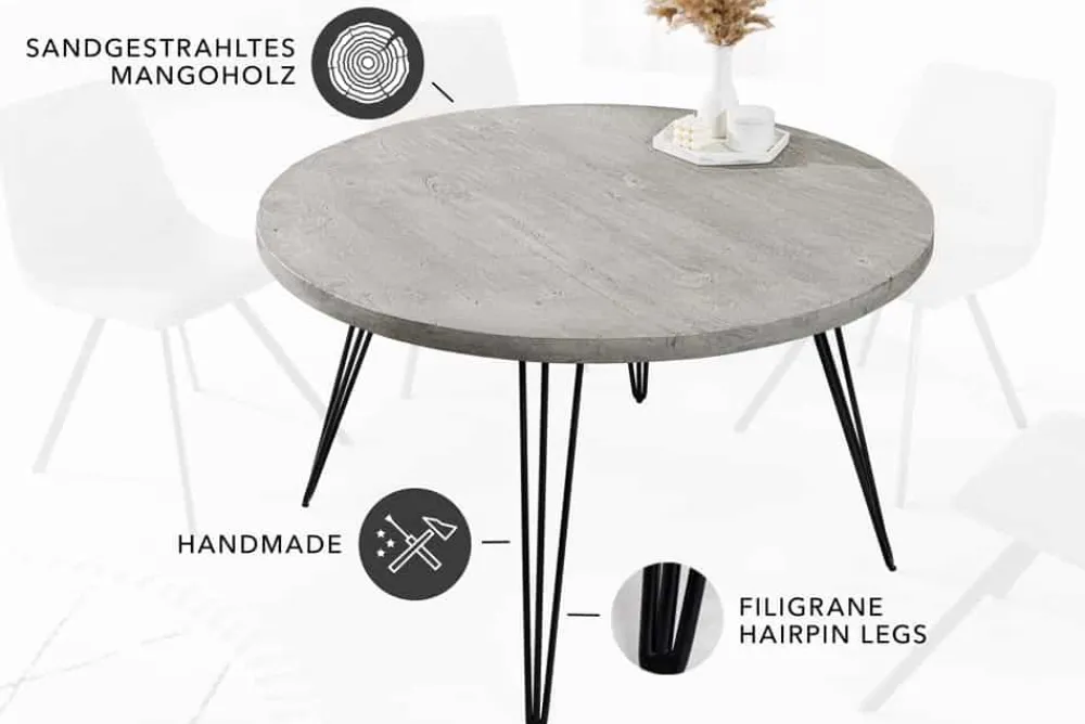 Riess-Ambiente Esstische|Industrial Loft > Runder Esstisch SCORPION 80cm grau Mangoholz massiv schwarze Metallbeine Hairpin Legs