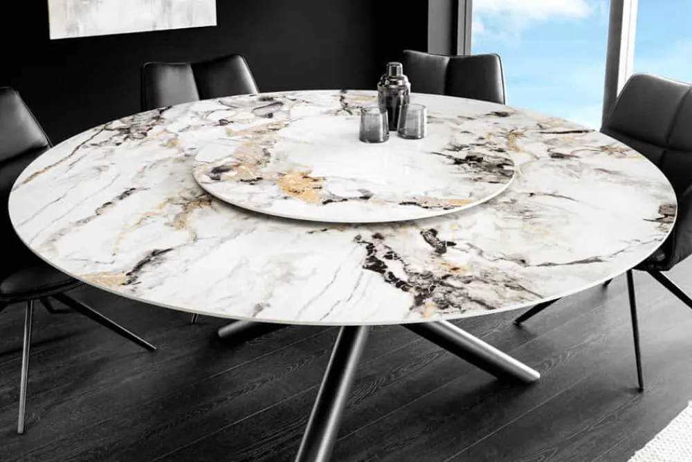 Riess-Ambiente Esstische > Runder Esstisch SPIN 150cm weiß grau gold 360° drehbare Servierplatte Aurora Oro Keramik