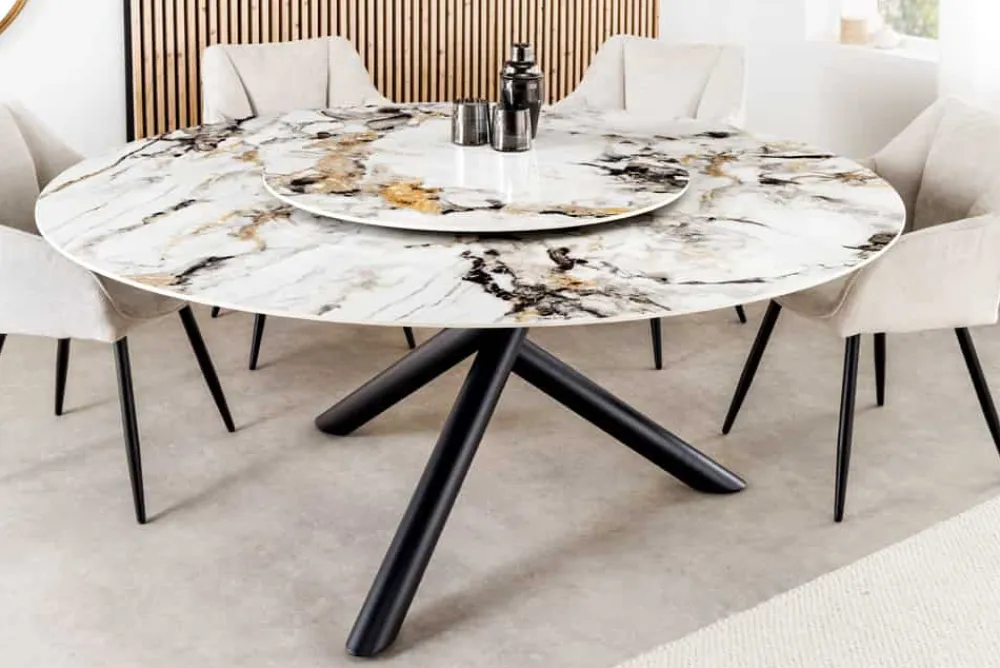 Riess-Ambiente Esstische > Runder Esstisch SPIN 150cm weiß grau gold 360° drehbare Servierplatte Aurora Oro Keramik