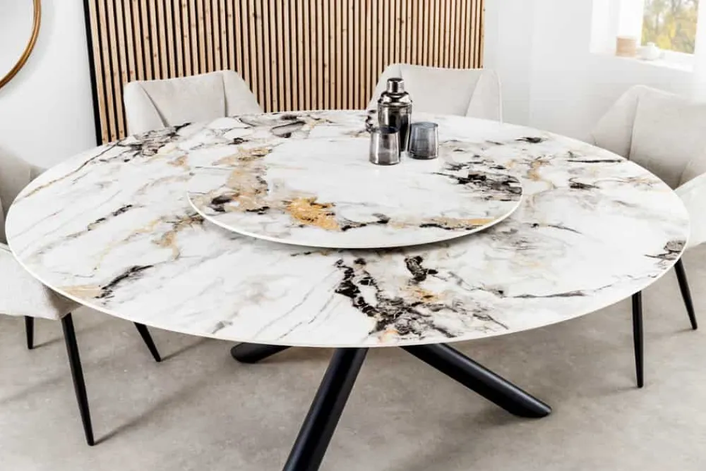 Riess-Ambiente Esstische > Runder Esstisch SPIN 150cm weiß grau gold 360° drehbare Servierplatte Aurora Oro Keramik