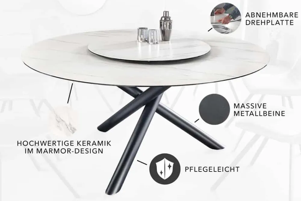 Riess-Ambiente Esstische > Runder Esstisch SPIN 150cm weiß mit 360° drehbarer Servierplatte Marmor Keramik schwarz