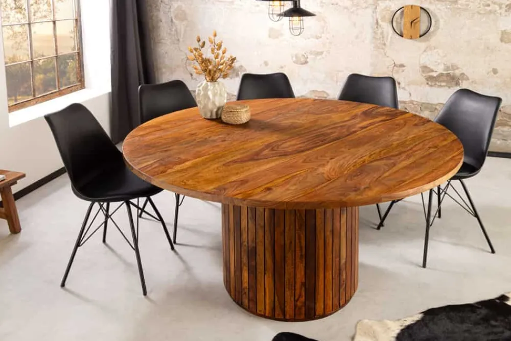 Riess-Ambiente Mehr...|Massivholzesstische > Runder Esstisch TRES CHIC 140cm braun Sheeshamholz stone finish massiv mit Säulenfuß