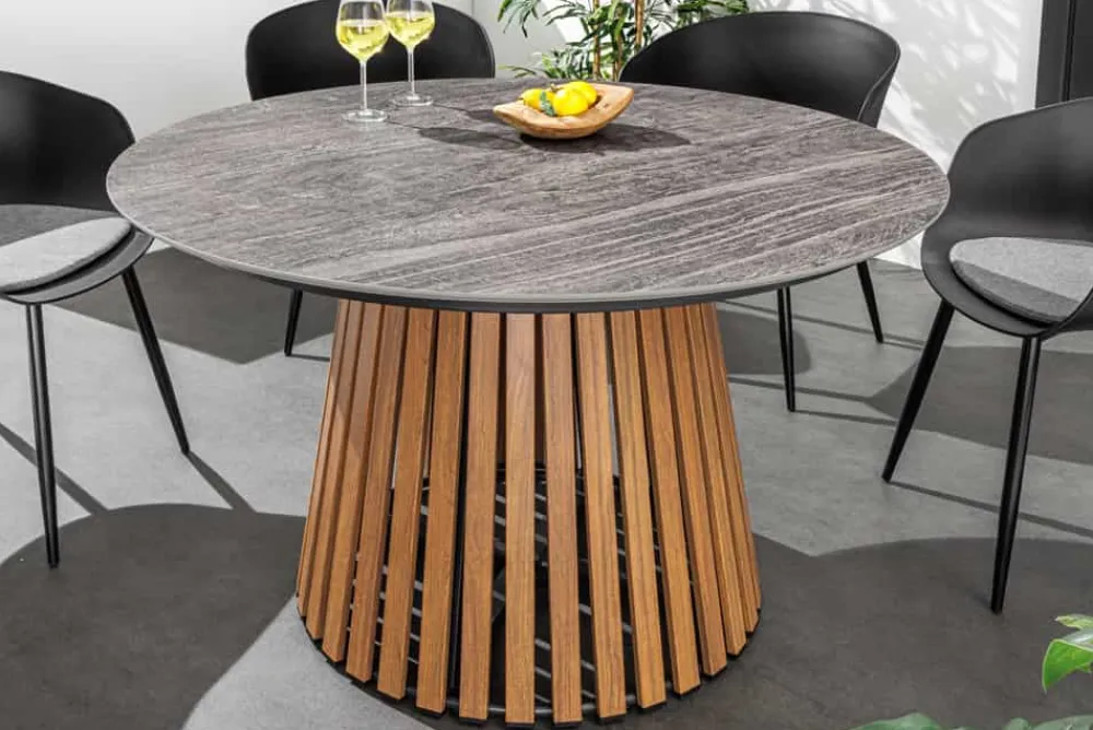 Riess-Ambiente Esstische|Gartentische > Runder Esstisch VALHALLA 115cm Keramik Lamellen-Design Indoor Outdoor