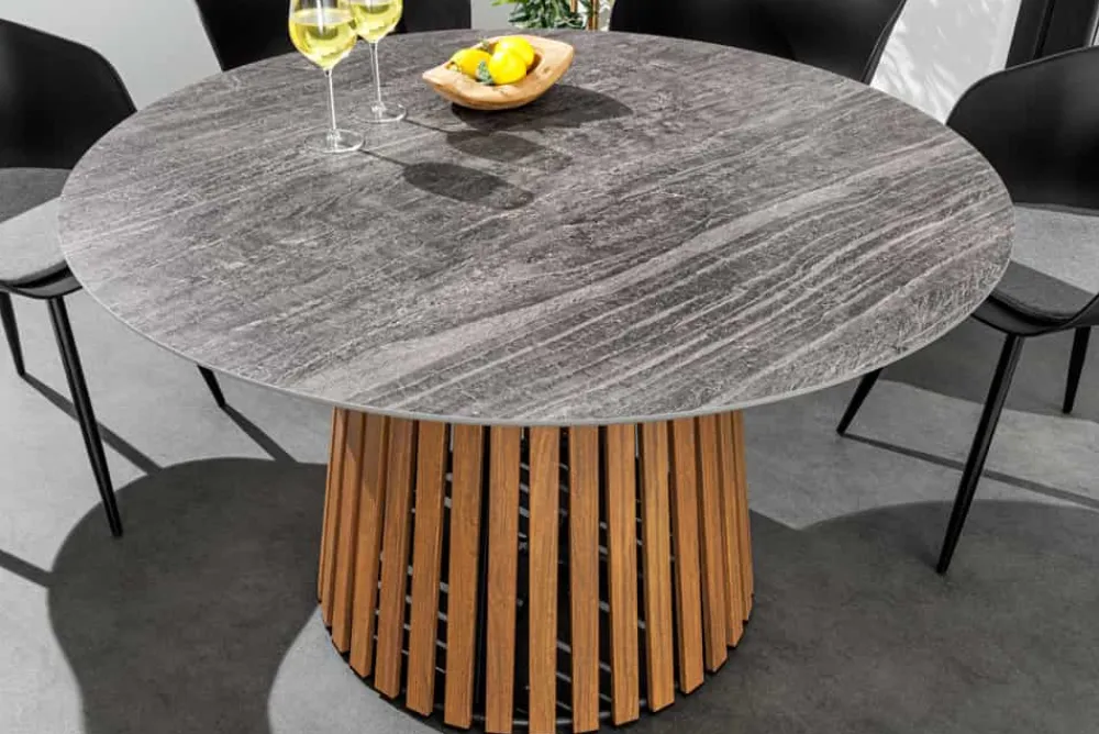 Riess-Ambiente Esstische|Gartentische > Runder Esstisch VALHALLA 115cm Keramik Lamellen-Design Indoor Outdoor