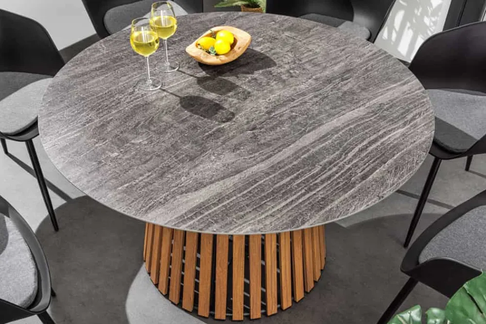 Riess-Ambiente Esstische|Gartentische > Runder Esstisch VALHALLA 115cm Keramik Lamellen-Design Indoor Outdoor