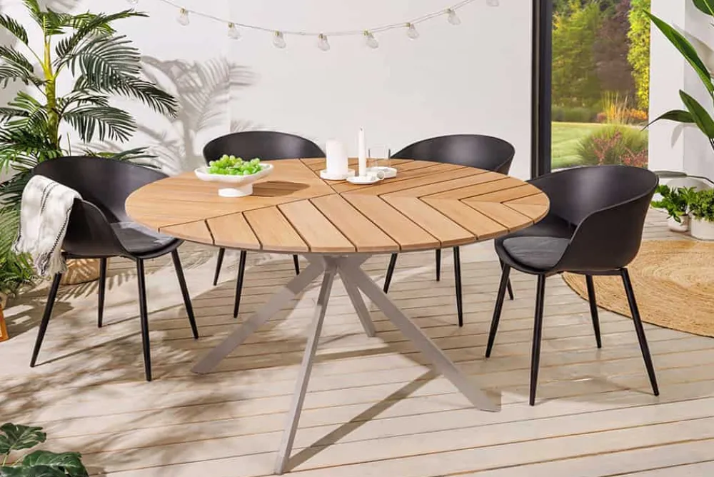 Riess-Ambiente Esstische|Gartentische > Runder Gartentisch DESIGNO 120cm natur Holz-Design greige Metall In- und Outdoor