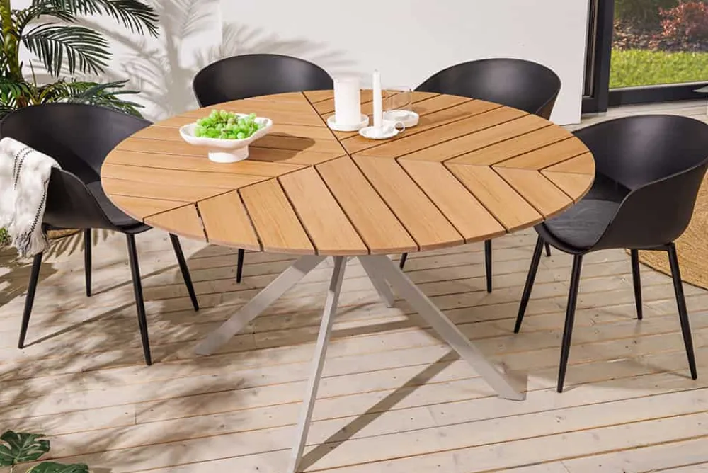 Riess-Ambiente Esstische|Gartentische > Runder Gartentisch DESIGNO 120cm natur Holz-Design greige Metall In- und Outdoor