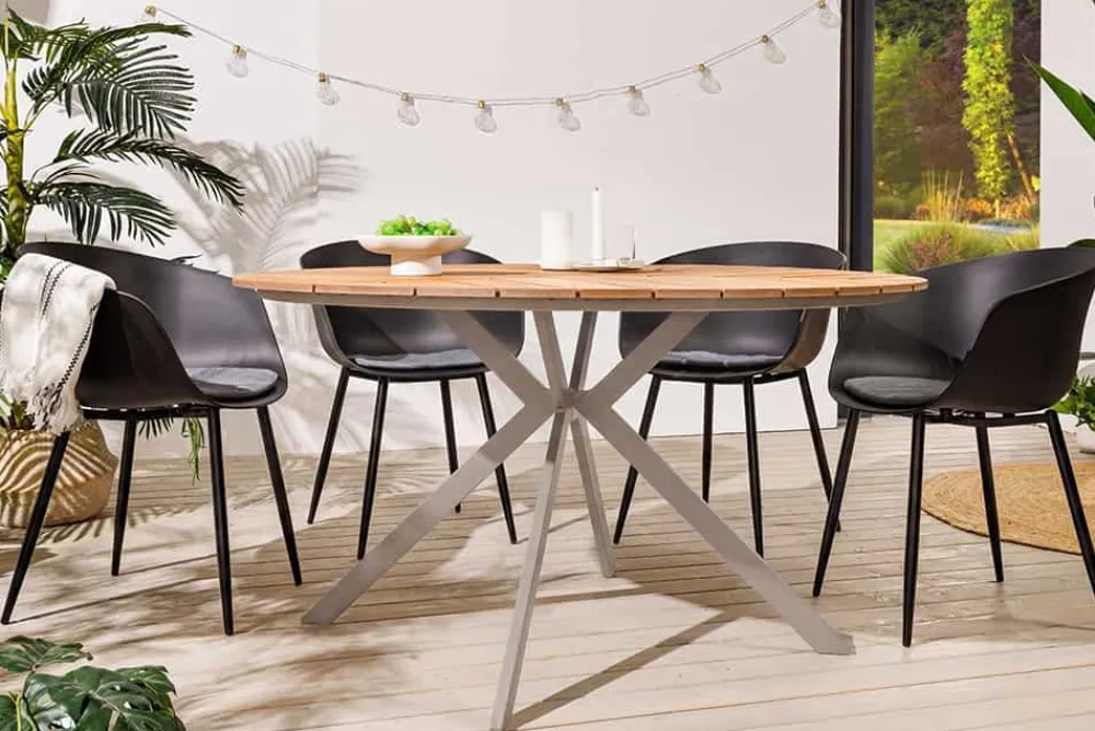 Riess-Ambiente Esstische|Gartentische > Runder Gartentisch DESIGNO 120cm natur Holz-Design greige Metall In- und Outdoor