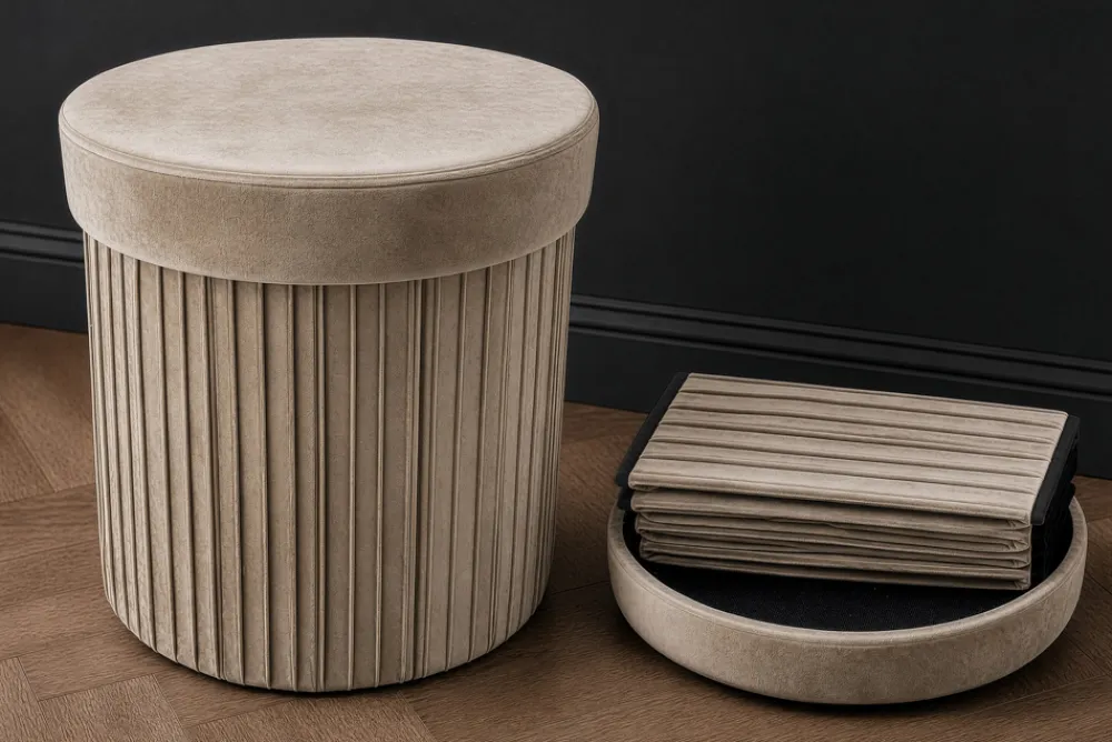 Riess-Ambiente Sitzhocker|Samt Möbel > Runder Hocker ÉLAN 40cm champagner greige Samt faltbar mit Stauraum