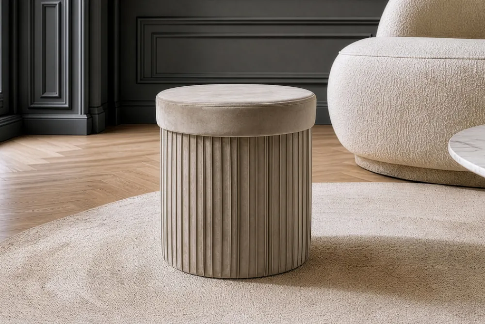 Riess-Ambiente Sitzhocker|Samt Möbel > Runder Hocker ÉLAN 40cm champagner greige Samt faltbar mit Stauraum