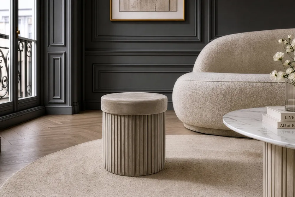 Riess-Ambiente Sitzhocker|Samt Möbel > Runder Hocker ÉLAN 40cm champagner greige Samt faltbar mit Stauraum