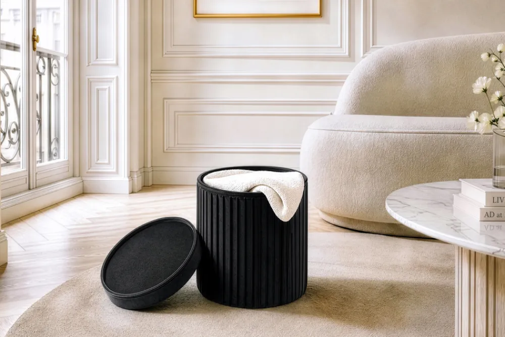 Riess-Ambiente Sitzhocker|Samt Möbel > Runder Hocker ÉLAN 40cm schwarz Samt faltbar mit Stauraum
