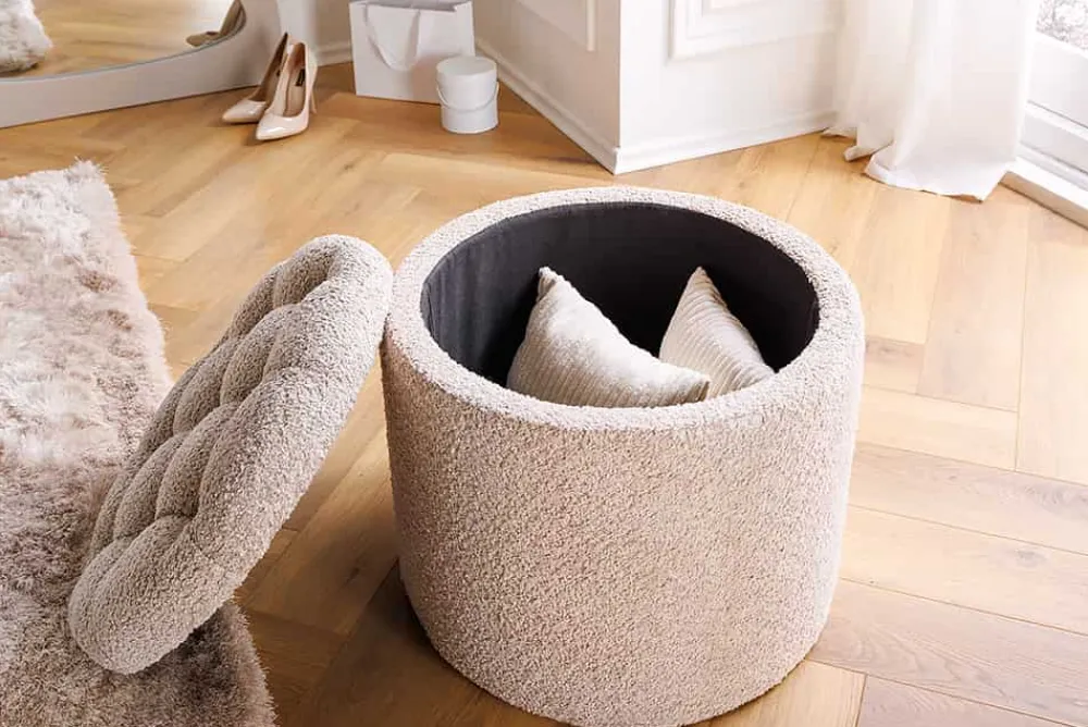 Riess-Ambiente Skandinavisch|Sitzhocker > Runder Hocker MODERN BAROCK 50cm champagner Bouclé mit Stauraum