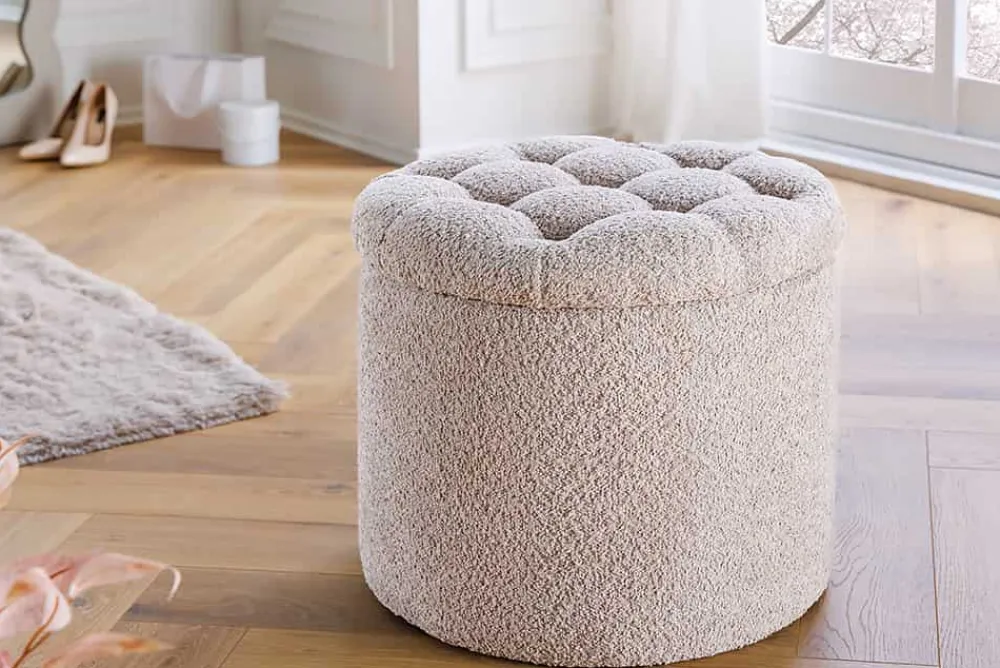 Riess-Ambiente Skandinavisch|Sitzhocker > Runder Hocker MODERN BAROCK 50cm champagner Bouclé mit Stauraum