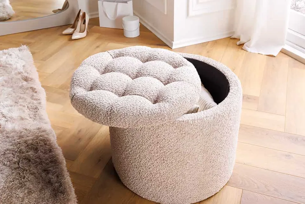 Riess-Ambiente Skandinavisch|Sitzhocker > Runder Hocker MODERN BAROCK 50cm champagner Bouclé mit Stauraum