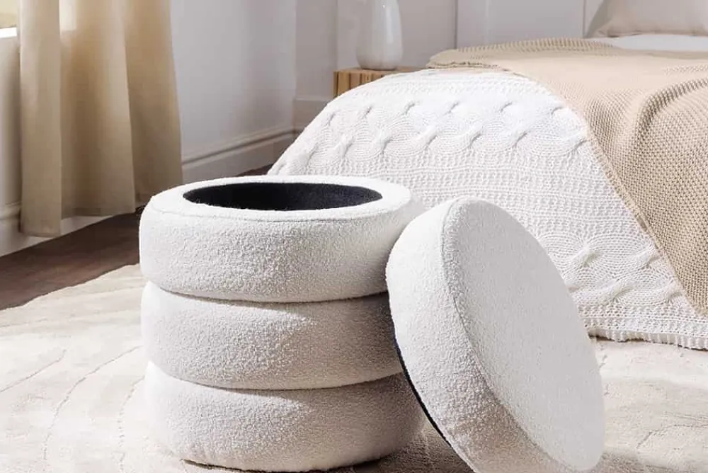 Riess-Ambiente Skandinavisch|Sitzhocker > Runder Hocker VOGUE 50cm creme weiß Bouclé Polsterhocker mit Stauraum